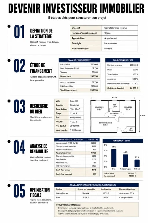 Infographie des étapes pour devenir investisseur immobilier et réussir son projet