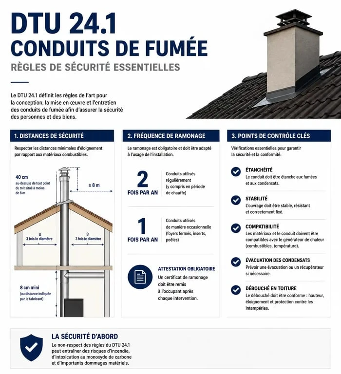 Infographie récapitulative des règles de sécurité et conformité DTU 24.1 pour conduits de fumée