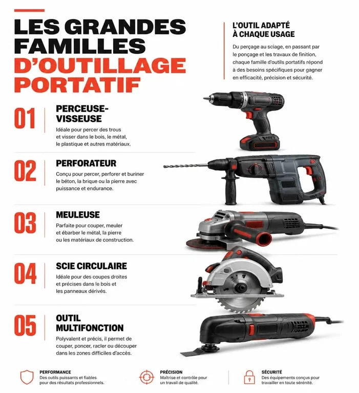 Infographie des principales catégories d'outillage portatif pour professionnels et bricoleurs