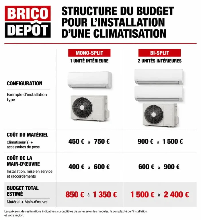 Infographie récapitulative du prix de pose d'une climatisation Brico Dépôt et coût total de l'installation