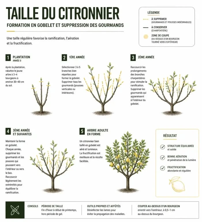 Schéma explicatif pour tailler un citronnier : étapes de formation et entretien