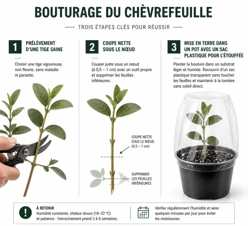 Étapes illustrées pour bouturer un chèvrefeuille avec succès