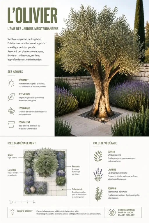 Aménagement paysager d'un olivier dans un jardin méditerranéen avec lavande et éclairage