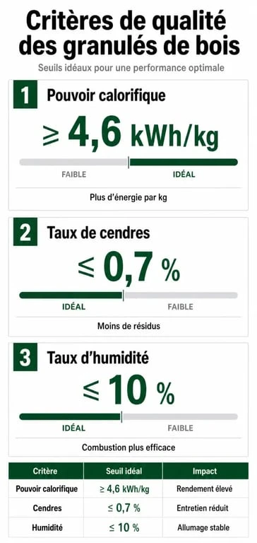 Infographie des critères de qualité pour choisir le meilleur pellet : PCI, taux de cendres et humidité.