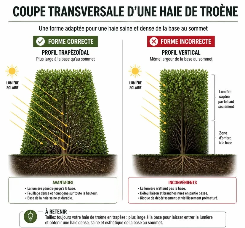 Schéma comparatif de la taille de haie de troène : forme trapézoïdale vs forme verticale pour une densité optimale