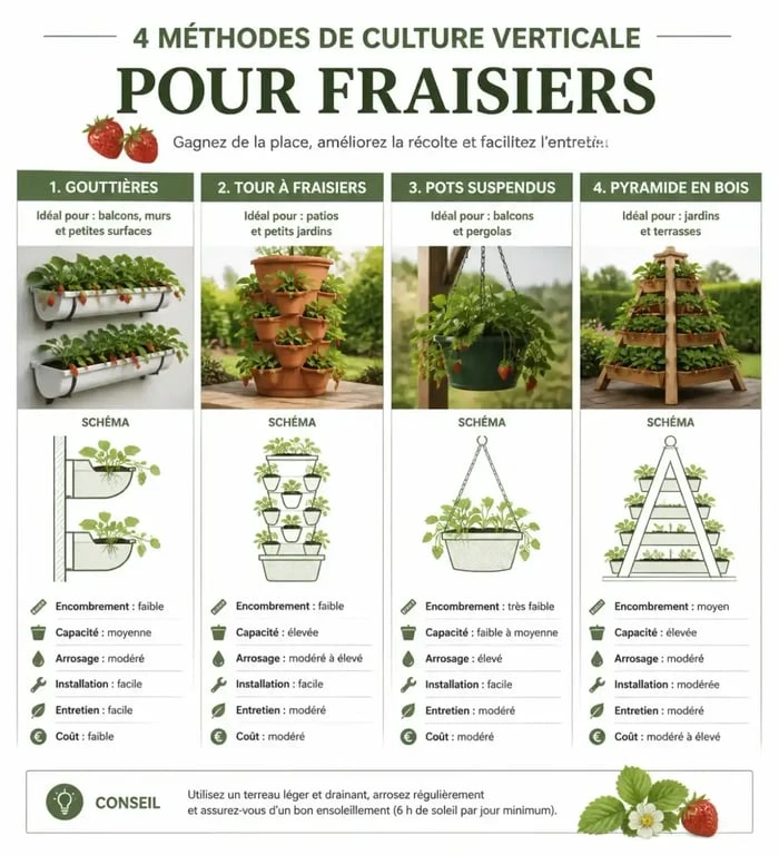Comparatif des méthodes de plantation de fraisier en hauteur : gouttières, tours et pyramides