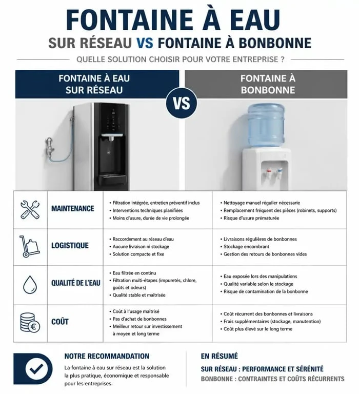 Comparatif installation fontaine à eau réseau vs bonbonne