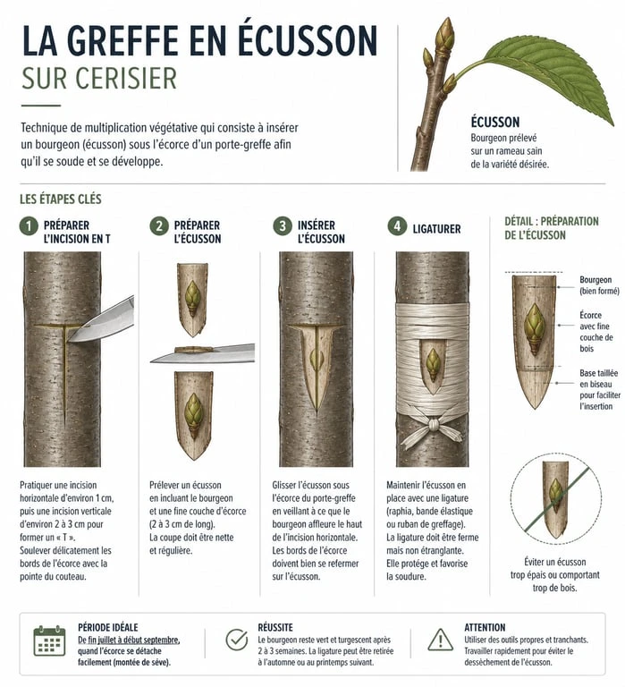 Schéma illustrant les étapes de la greffe en écusson pour réussir à greffer un cerisier