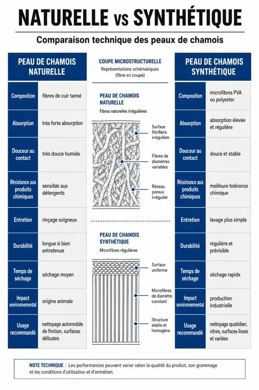 Infographie comparative entre la peau de chamois naturelle et la peau de chamois synthétique pour l'entretien automobile et ménager