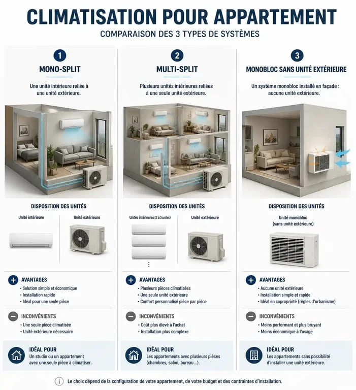 Comparatif des systèmes de climatisation pour appartement : mono-split, multi-split et monobloc