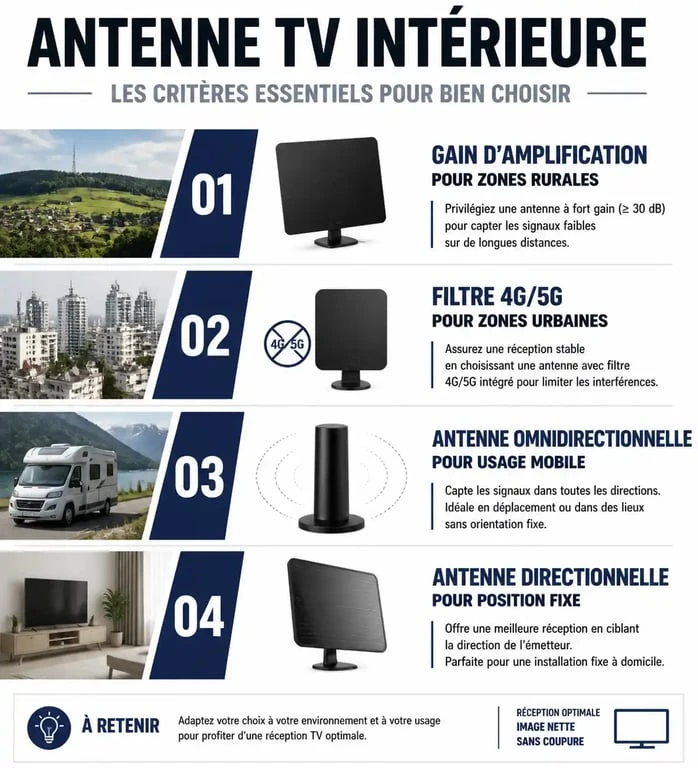Infographie des critères de choix pour une antenne sans fil pour tv : gain, filtre 4G/5G, omnidirectionnelle ou directionnelle.
