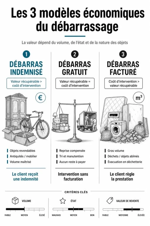 Infographie explicative des modèles économiques et tarifs du service de débarrassage professionnel