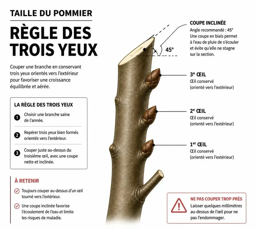 Schéma illustrant la technique de taille des pommiers, notamment la règle des trois yeux pour une fructification optimale.