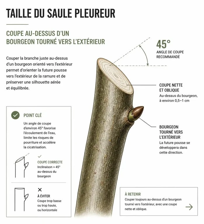 Schéma explicatif de la technique de taille du saule pleureur : coupe au-dessus d'un bourgeon