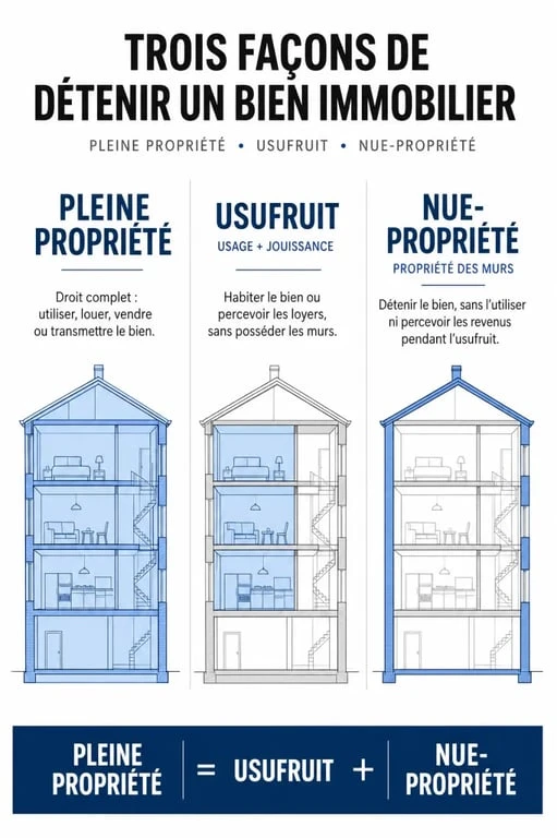Schéma explicatif des options de racheter la maison de ses parents : pleine propriété, usufruit et nue-propriété