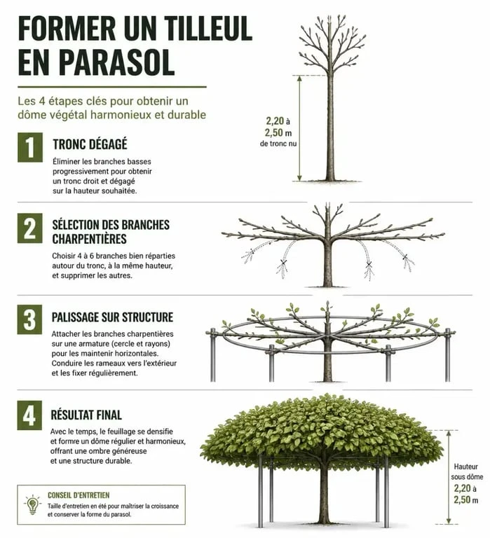 Schéma illustrant les étapes de la taille d'un tilleul en parasol pour une ombre naturelle