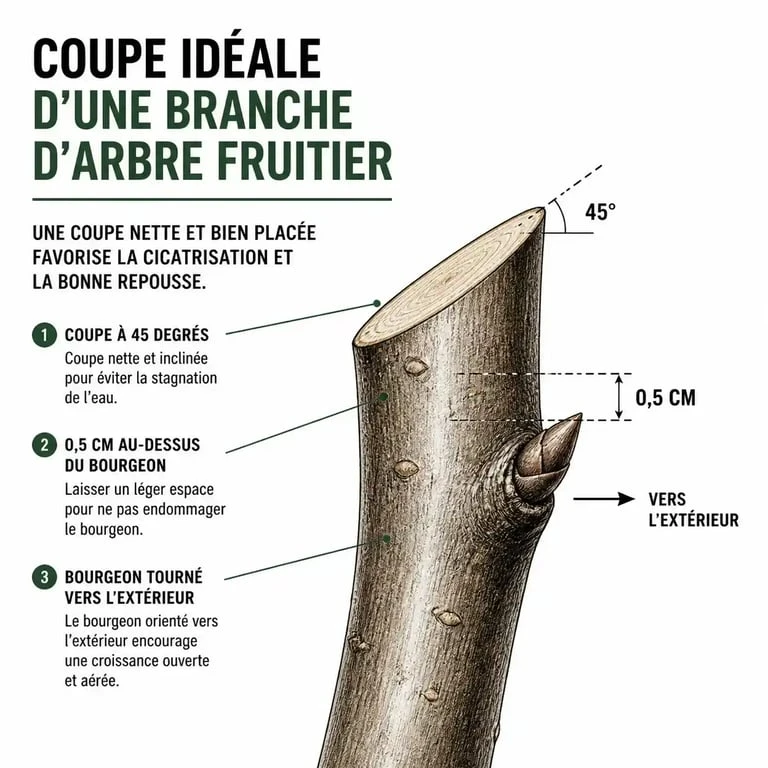 Schéma illustrant la technique de coupe pour tailler les arbres fruitiers