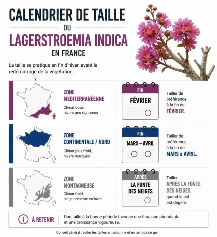 Calendrier de taille du lilas des Indes selon les zones climatiques en France