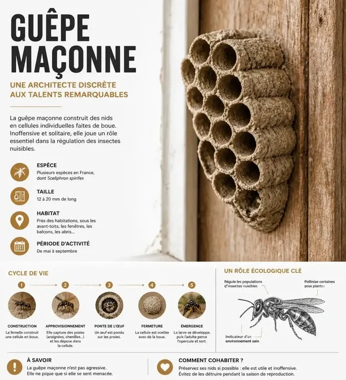 Nid de guêpe maçonne sur un encadrement de fenêtre, identification et retrait