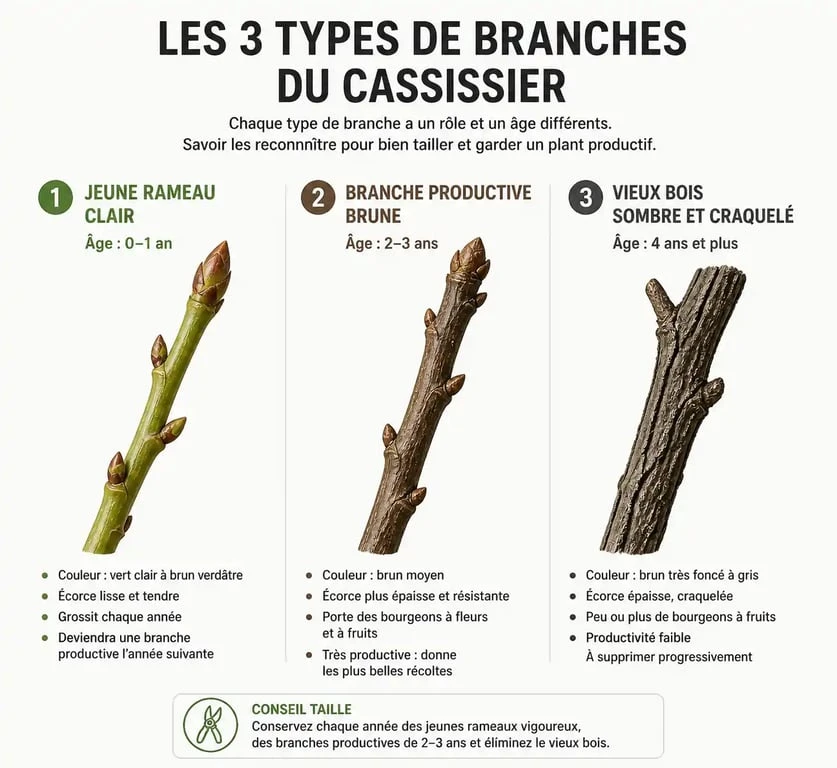 Schéma explicatif pour identifier les branches à tailler sur un cassissier
