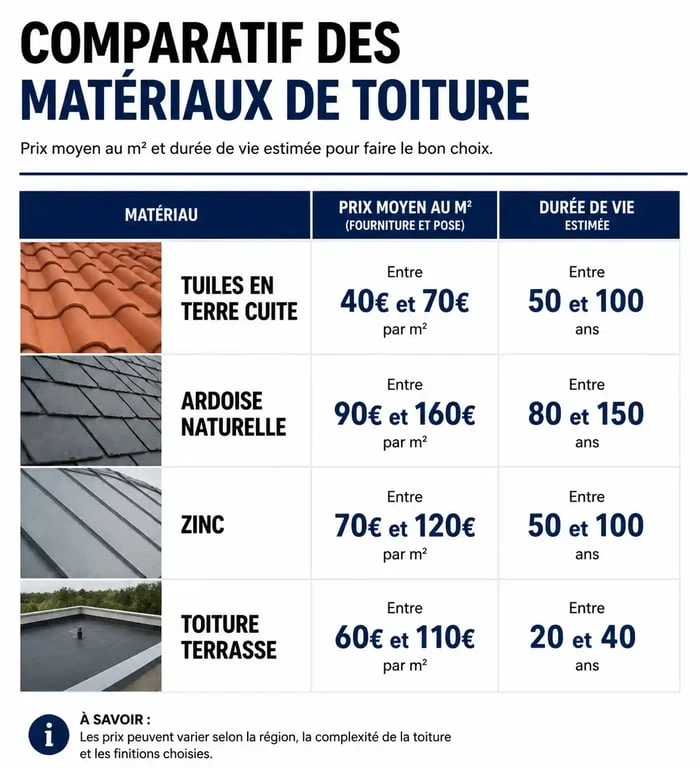 Tableau comparatif des matériaux pour une toiture à refaire : prix et durée de vie