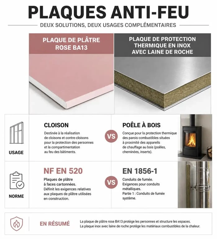Comparatif technique des plaques anti-feu disponibles chez Brico Dépôt : plaque BA13 rose et plaque de protection thermique inox.