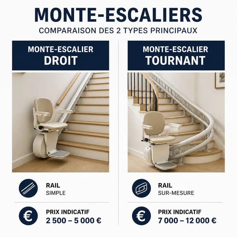 Infographie comparative des prix et caractéristiques des monte-escaliers droits et tournants pour votre comparatif monte escalier.