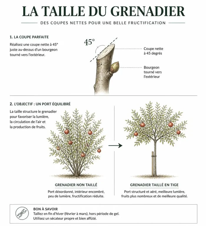 Schéma explicatif des techniques de taille du grenadier pour optimiser la fructification