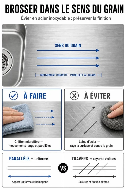Guide visuel pour le nettoyage d'un évier en inox : sens du brossage et outils recommandés