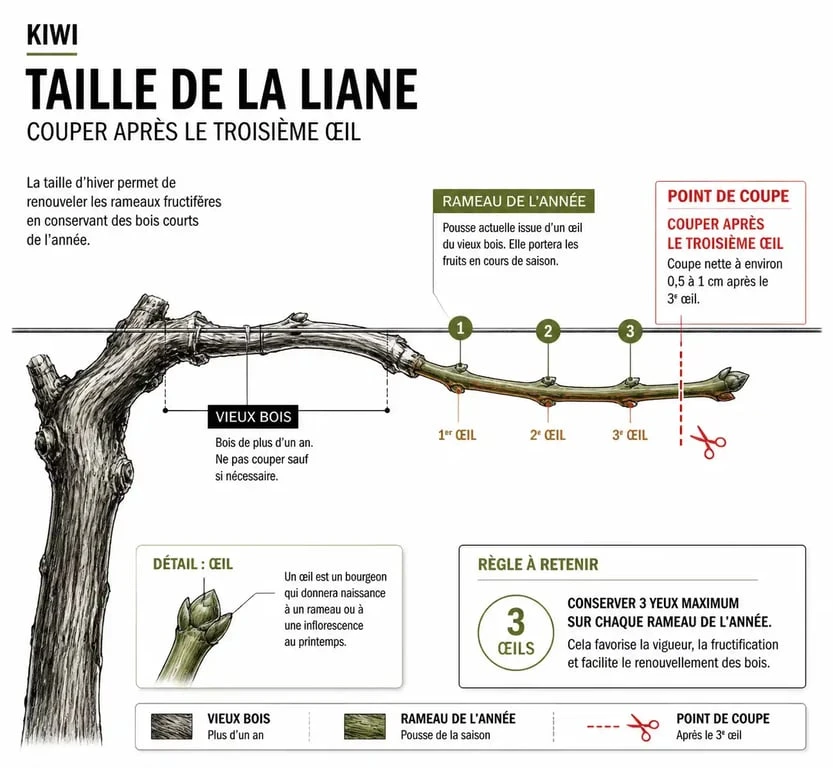 Schéma explicatif de la taille du kiwi : où couper les rameaux pour favoriser la fructification