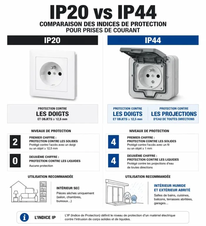 Infographie explicative des indices de protection IP20 et IP44 pour le choix d'un cache prise de courant sécurisé