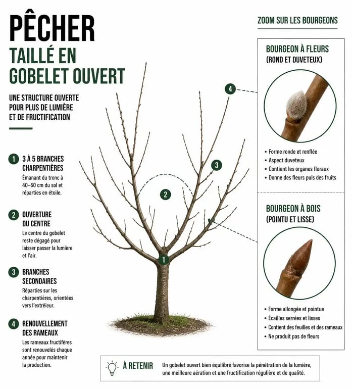 Schéma technique de taille du pêcher : forme en gobelet et identification des bourgeons pour réussir quand tailler un pêcher