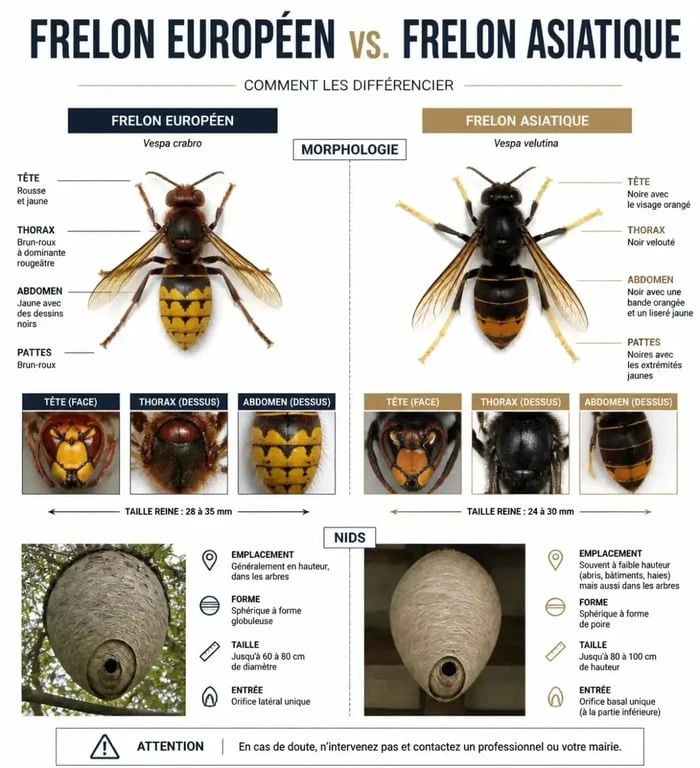 Comparatif visuel pour identifier un nid de frelon européen ou asiatique