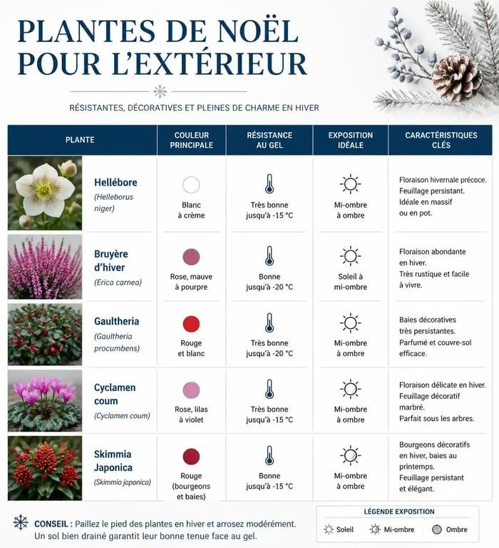 Tableau comparatif des meilleures plantes de Noël pour l'extérieur et leur entretien