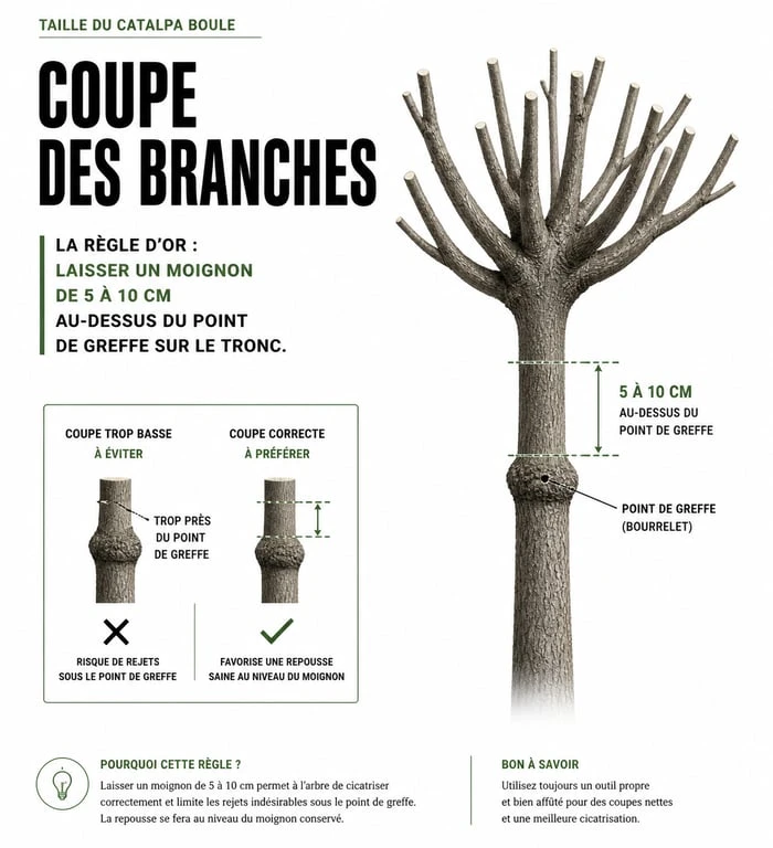 Schéma explicatif de la taille en têtard du catalpa boule avec coupe à 5-10 cm du point de greffe