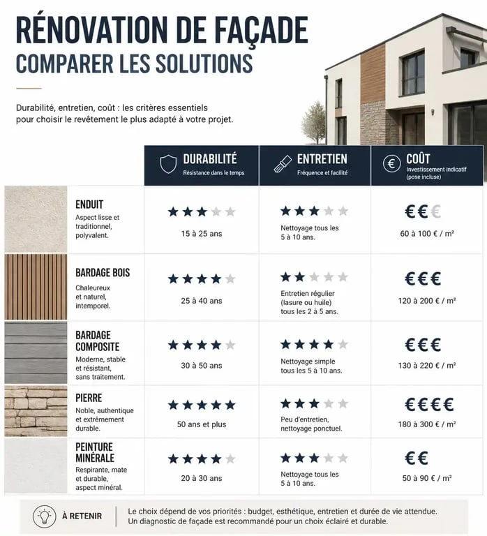Infographie comparative des solutions pour rénover ou embellir sa façade : matériaux, durabilité et entretien.