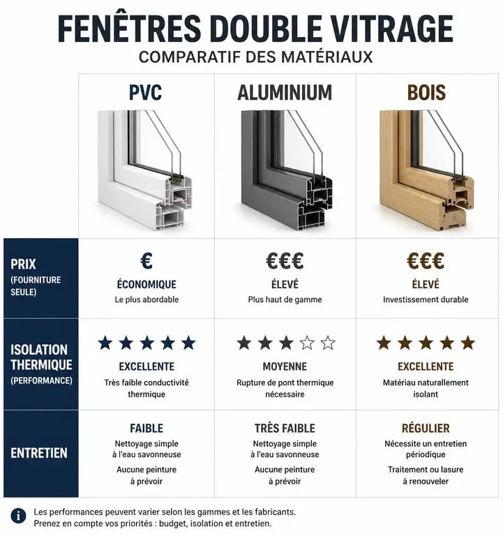 Comparatif des matériaux pour fenêtre double vitrage sur mesure : PVC, Aluminium et Bois