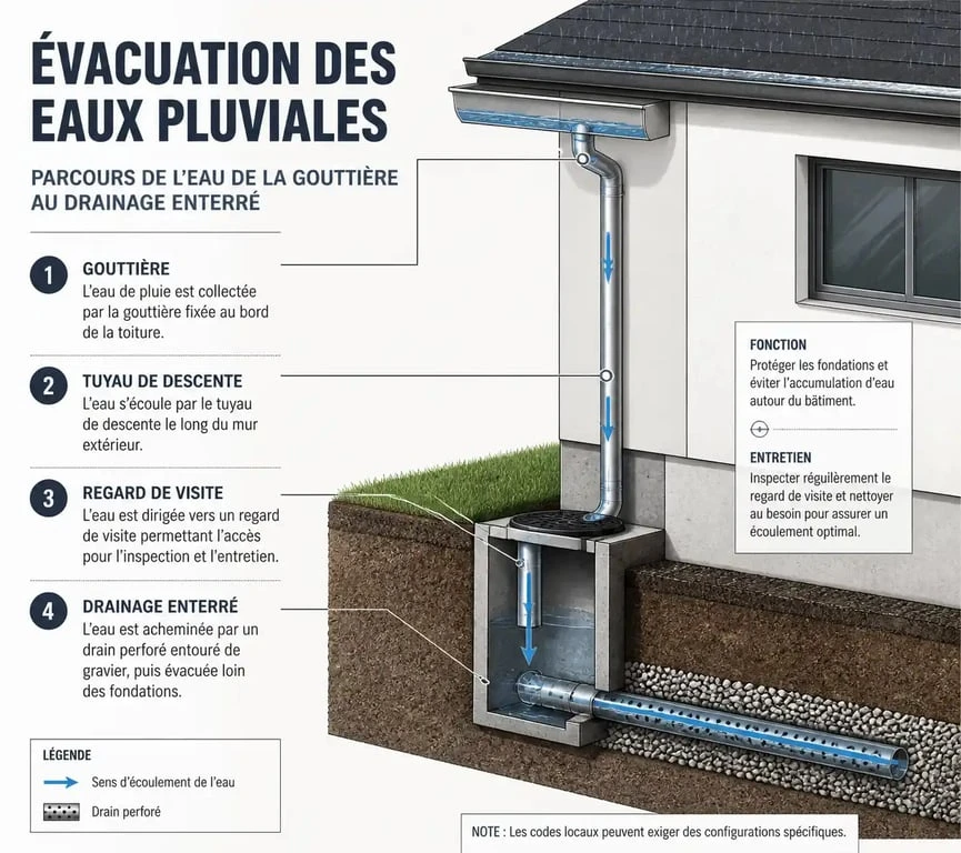 Schéma du système de drainage des eaux de pluie de gouttière vers un regard enterré