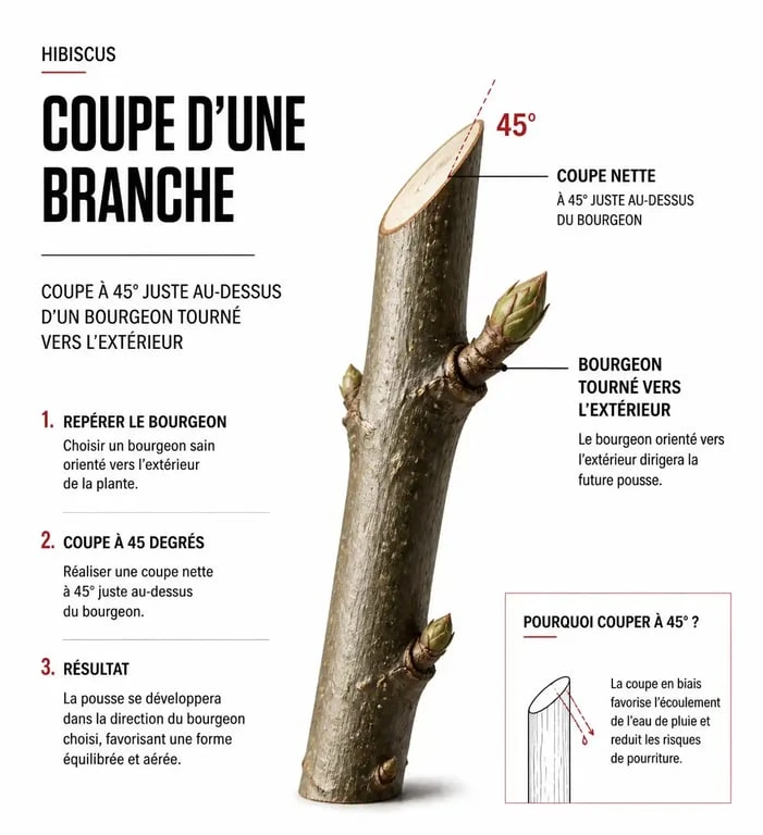 Schéma explicatif de la technique de taille de l'hibiscus avec angle de coupe correct
