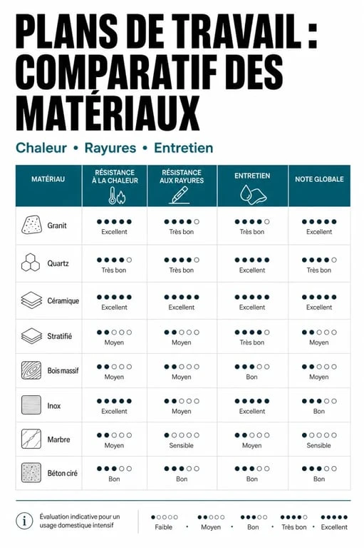 Tableau comparatif des matériaux de plan de travail de cuisine : stratifié, granit, quartz, bois, céramique et inox