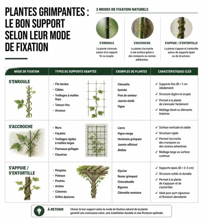 Infographie comparative des différents supports pour plantes grimpantes : treillis, câbles, obélisques et tuteurs pour un jardin structuré.