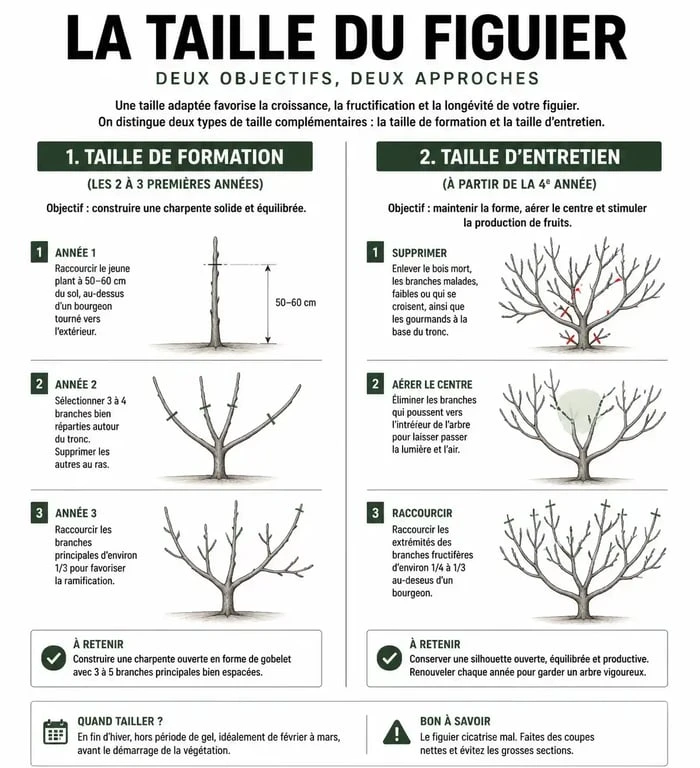 Schéma explicatif sur quand tailler un figuier et les techniques de coupe