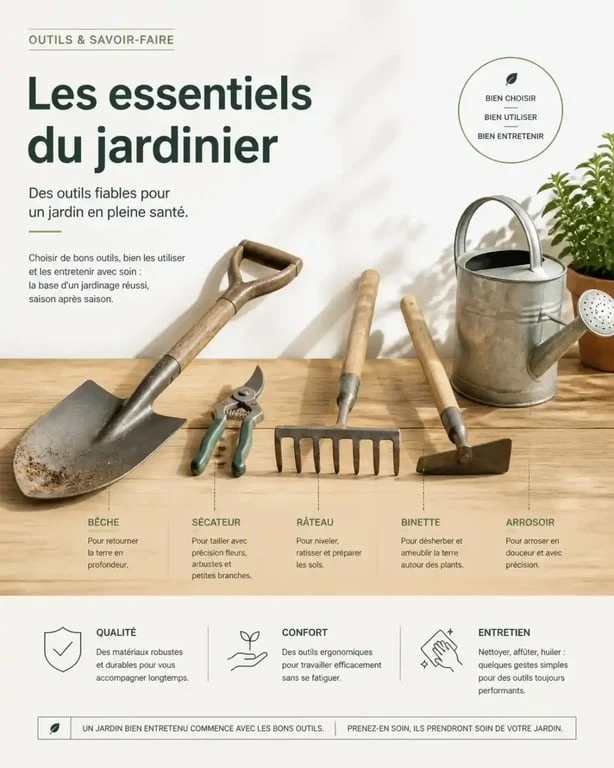 Ensemble d'outils de jardinage essentiels pour débutants et amateurs, incluant bêche, sécateur et râteau, pour illustrer une liste d'outils de jardinage avec photos.