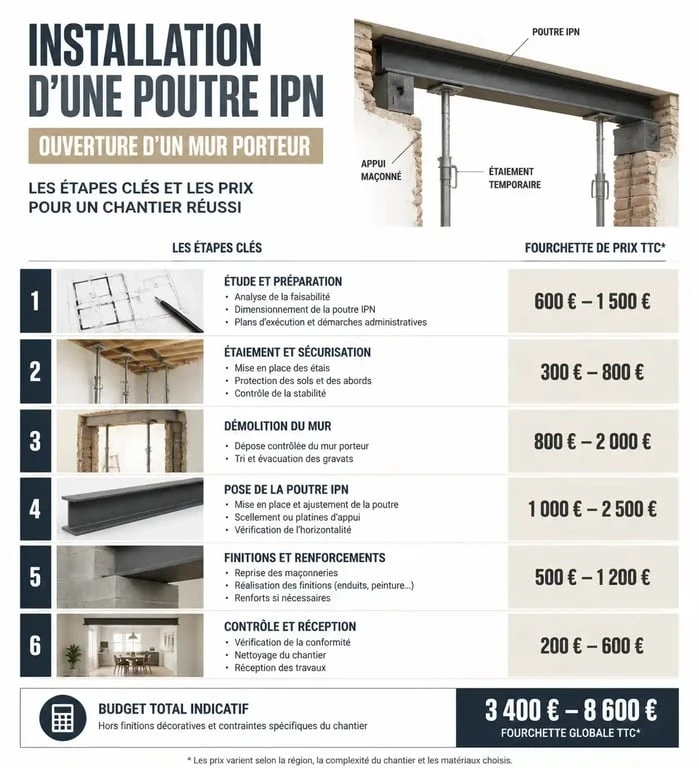 Infographie récapitulative des prix et étapes pour l'ouverture d'un mur porteur avec pose d'une poutre IPN
