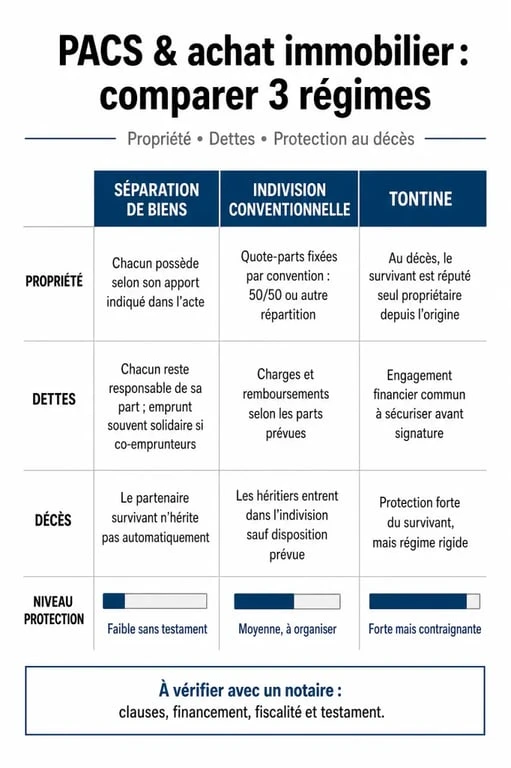 Infographie comparative des régimes d'achat immobilier sous PACS : séparation, indivision et tontine.