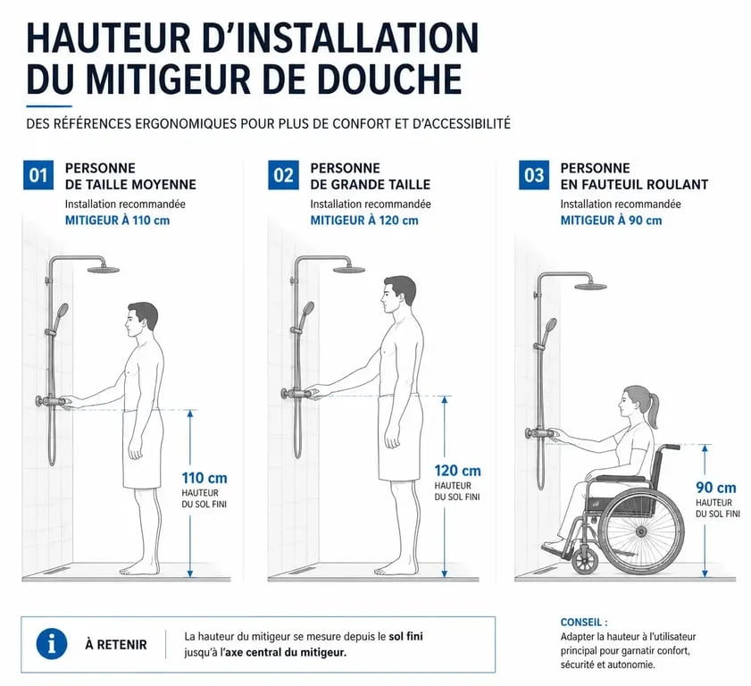 Schéma illustrant la hauteur idéale d'un mitigeur de douche selon le profil de l'utilisateur