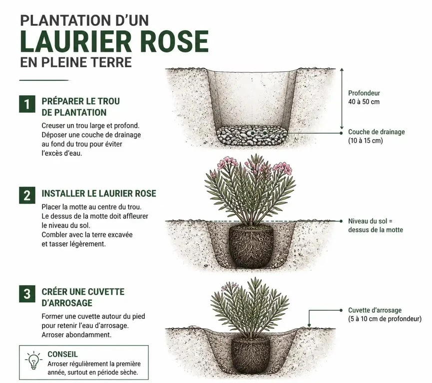 Schéma des étapes pour planter un laurier rose en pleine terre avec drainage et cuvette d'arrosage