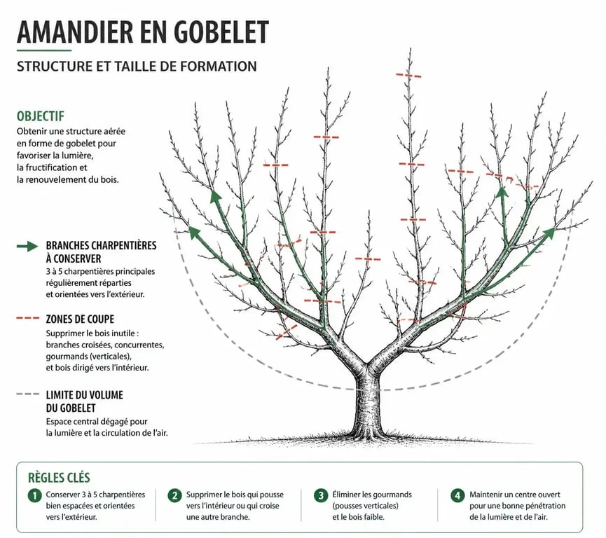 Schéma de taille de formation en gobelet pour un amandier