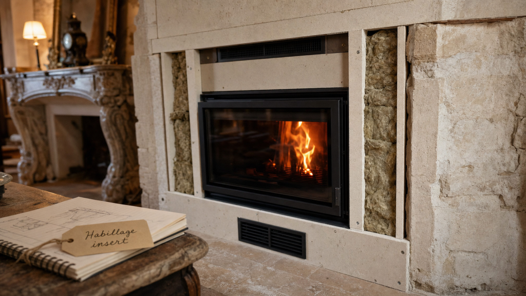 Habillage insert dans cheminée ancienne, plaques ignifugées et grilles de ventilation