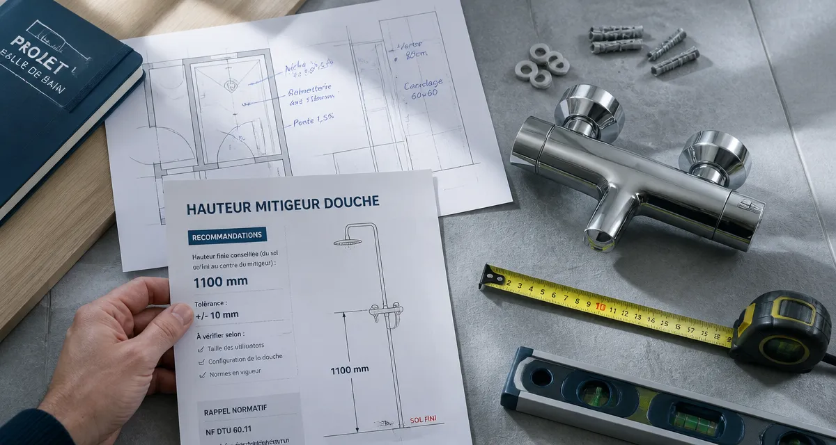 Plan de travail hauteur mitigeur douche, outils et fiche technique